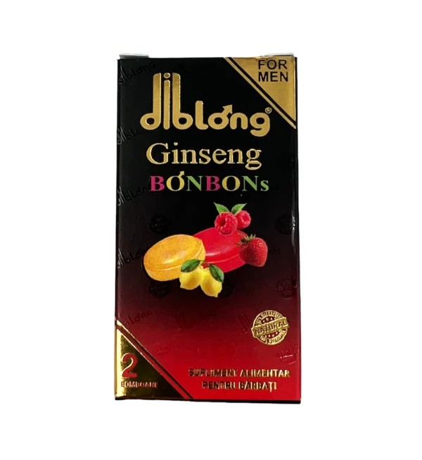 O cutie de produs cu eticheta "DIBLONG GINSENG BONBONS for MEN - Bomboane afrodisiace premium concentrate, pentru potenta, erectie, impotriva ejacularii, 100% natural." Ambalajul negru și roșu, menit să sporească potența bărbaților, prezintă o imagine de bomboane cu aromă de fructe și include textele „Suplemente Alimentar” și „Pentru Bărbați”. Fiecare cutie conține două bucăți de bomboane.