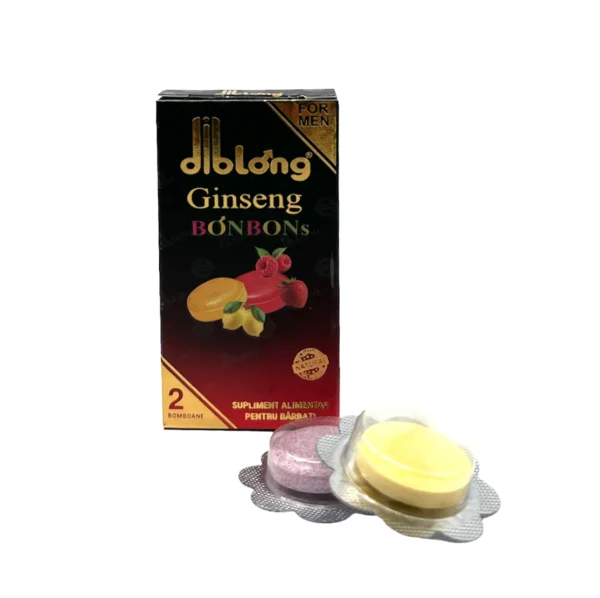 O cutie cu eticheta „DIBLONG GINSENG BONBONS for MEN - Bomboane afrodisiace premium concentrate, pentru potenta, erectie, impotriva ejacularii, 100% natural”, cu doua bomboane ambalate in blistere – una galbena si una roz. Ambalajul prezintă rădăcini și frunze de ginseng, subliniind calitățile produsului ca supliment nutritiv 100% natural. Textul este atât în engleză, cât și în altă limbă, evidențiind rolul său de afrodisiac pentru potenta.