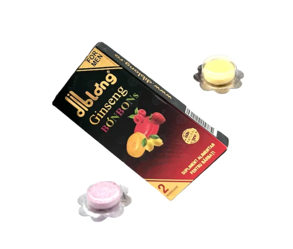 O cutie de supliment alimentar "DIBLONG GINSENG BONBONS for MEN - Bomboane afrodisiace premium concentrate", conceput pentru a spori potenta si rezistenta, contine doua comprimate sigilate cu blistere: una galbena si una roz. Ambalajul evidențiază imagini cu rădăcini și fructe de ginseng și conține text care promovează vitalitatea și proprietățile afrodisiace naturale ale produsului.