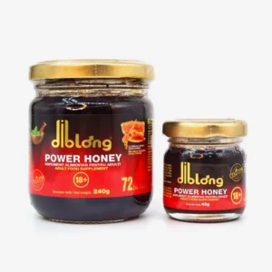 Două borcane de supliment alimentar Diblong Power Honey pentru creșterea libidoului, disponibile în diferite dimensiuni.