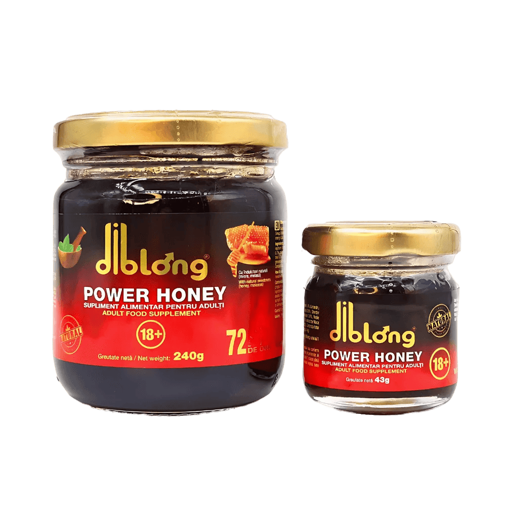 Două borcane de Diblong Power Honey - Miere Afrodisiac Premium Concentrat pentru Creșterea Libidoului, Potență, Ereție și Controlul Ejaculării Precoce (unisex și 100% natural), unul de 240g și celălalt de 43g, ambele etichetate ca suplimente alimentare pentru adulți cu ambalaj roșu și auriu.