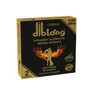 O cutie elegantă neagră și aurie de „DIBLONG capsule premium” pentru bărbați, promovată ca supliment alimentar 100% natural pentru potență, erecție și împotriva ejaculării precoce. Ambalajul subliniază un „efect rapid și de durată” fără „efecte secundare”, care conține două capsule și prezintă o imagine a unui cuplu cu aripi de foc.