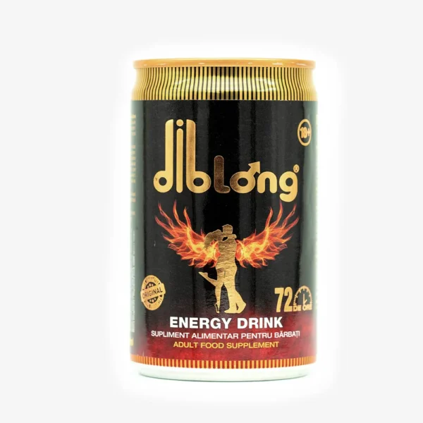 O cutie cilindrică de DIBLONG Energy Drink cu o etichetă neagră și accente aurii. Eticheta prezintă o siglă, o siluetă a unui bărbat cu aripi de foc și un text care indică că este un concentrat premium afrodiziac Energizant pentru potență, erecție, ejaculare anti-prematură și creșterea libidoului la bărbați. Cutia mentioneaza si continut de 150 ml si include detalii despre produs in limba romana.