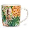 Ceașcă pentru Ceai cu Infuzor, Buddha Paradise are o cană din ceramică cu un design colorat care prezintă o statuie senină a lui Buddha în mijlocul frunzelor verzi luxuriante și modele vibrante de mandale în nuanțe de portocaliu, verde și roz. emanând o atmosferă pașnică și spirituală, este perfect pentru cei care caută un moment de liniște. Cana are un maner pe partea dreapta.