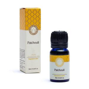 O sticlă de 10 ml de Ulei Esențial de Patchouli Song of India vine cu o cutie de ambalaj elegantă. Designul galben și alb, accentuat cu un model de fagure, împodobește atât cutia, cât și sticla. Pe etichetă scrie „Ulei esențial pur” și „Pogostemon Cablin”, arătându-și autenticitatea ca ulei esențial.