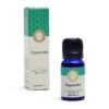 O sticlă mică de sticlă albastră inscripționată „Peppermint, Pure Essential Oil, Mentha Piperita, 10ml” se află lângă cutia sa albă dreptunghiulară asortată, care prezintă accente decorative verzi și aceeași etichetă. Acest produs premium Ulei Esențial de Mentă Song of India surprinde esența menții naturale.