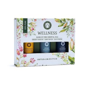 Vă prezentăm Setul pentru Aromaterapie cu Uleiuri Esențiale Wellness: o cutie cu tematică florală care conține trei sticle de uleiuri esențiale de 5 ml etichetate „Immunity Booster”, „Germ Fighter” și „Cold Stopper”. Marcat cu „Wellness Blend of Pure Essential Oils” și „100% Pure”, acest set este perfect pentru a vă îmbunătăți rutina de aromoterapie.