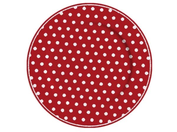 A rotundă Farfurie de Desert din Porțelan Polka Dot Roșie, 19 cm, cu un fundal roșu împodobit cu buline albe distribuite uniform. Farfuria de portelan are o margine usor ridicata care isi pastreaza designul consecvent cu buline.