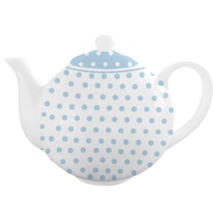 Ceainic din Porțelan Polka Dot Albastru Pastelat are un corp alb cu buline albastre deschis și vine cu o formă rotunjită, gura curbată și mâner. Capacul oglindește designul cu culoarea sa albastru deschis împodobită cu buline albe și este acoperit cu un buton alb, evidențiind designul său fermecător din porțelan.