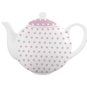 Vă prezentăm Ceainic din Porțelan Polka Dot Roz Pastelat, 1 litru – un ceainic din ceramică albă împodobit cu un model delicat de buline roz deschis. Ceainicul include un capac asortat, cu același design cu buline roz pastel, în timp ce mânerul și gura alb simple oferă o notă clasică și fermecătoare.