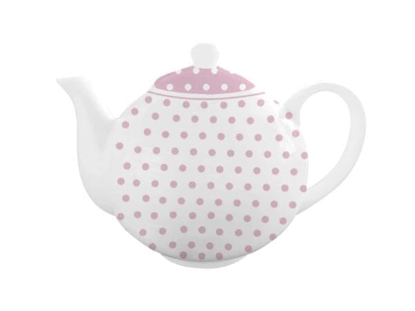 Vă prezentăm Ceainic din Porțelan Polka Dot Roz Pastelat, 1 litru – un ceainic din ceramică albă împodobit cu un model delicat de buline roz deschis. Ceainicul include un capac asortat, cu același design cu buline roz pastel, în timp ce mânerul și gura alb simple oferă o notă clasică și fermecătoare.