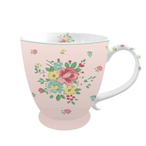 Cană din Porțelan Abby, de 430 ml, este o cană din ceramică roz cu bază curbată și design floral. Florile, în nuanțe de roșu, galben și verde, prezintă frunze și muguri mici. Manerul are si un model floral. Interiorul cănii este alb, cu un mic imprimeu floral lângă margine.